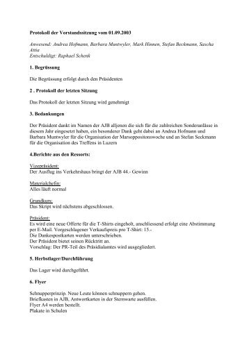Protokoll der Vorstandssitzung vom 01.09.2003 Anwesend: Andrea ...