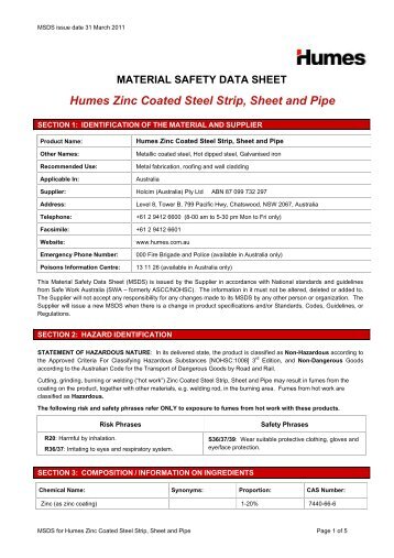 Zinc coated steel strip sheet and pipe MSDS - Humes