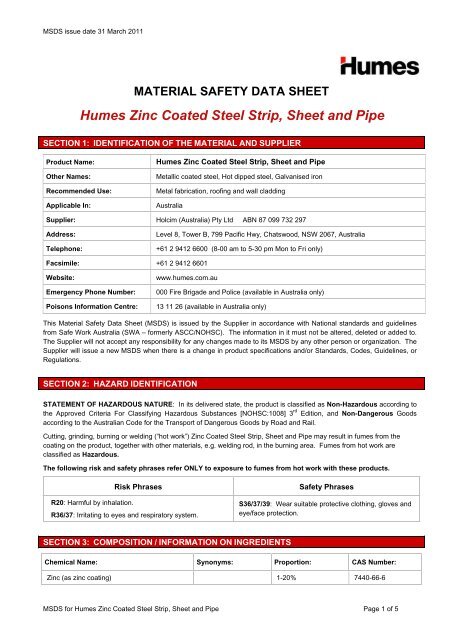 Zinc coated steel strip sheet and pipe MSDS - Humes