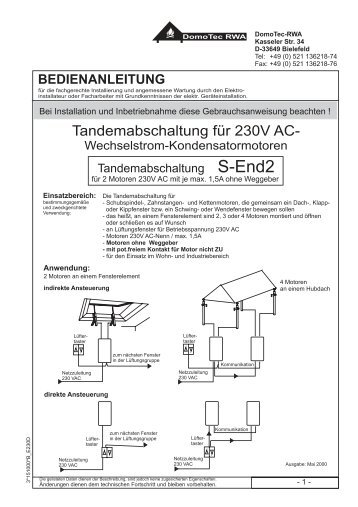Tandemabschaltung fÃ¼r 230V AC- - DomoTec RWA e.K.