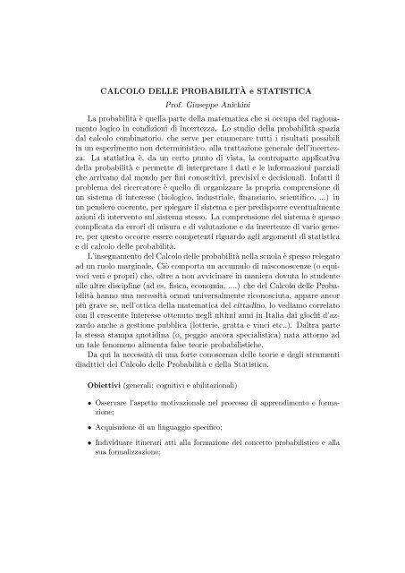 CALCOLO DELLE PROBABILIT`A e STATISTICA Prof. Giuseppe ...