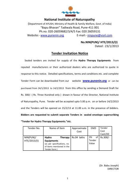 Tender Invitation Notice - National Institute of Naturopathy Pune