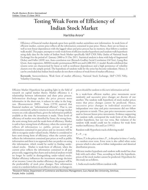 Testing Weak Form of Efficiency of Indian Stock Market Pacific