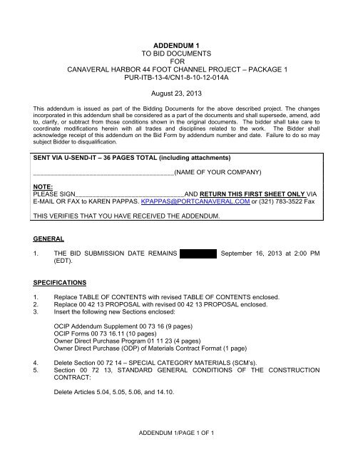 ADDENDUM 1 TO BID DOCUMENTS FOR ... - Port Canaveral