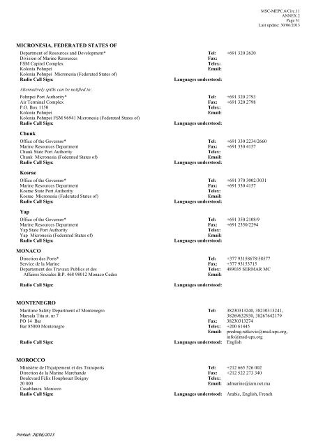 SOPEP National Operational Contact Points - IMO