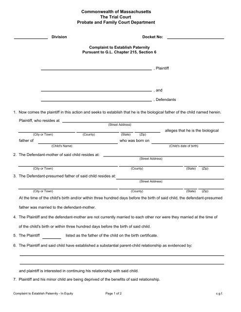 Complaint to Establish Paternity In Equity Middlesex County