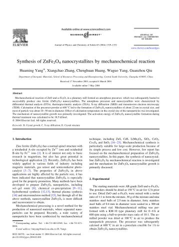 Synthesis of ZnFe2O4 nanocrystallites by mechanochemical reaction