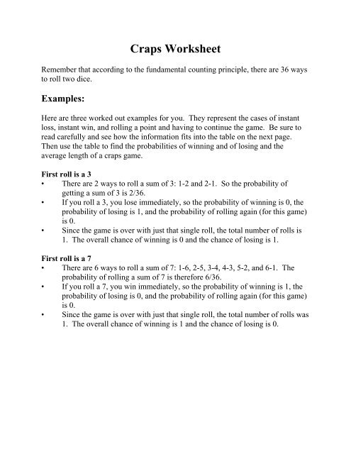 Craps Worksheet