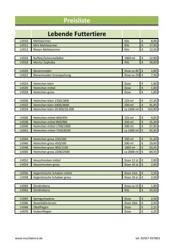 Preisliste Lebende Futtertiere - Muchaterra