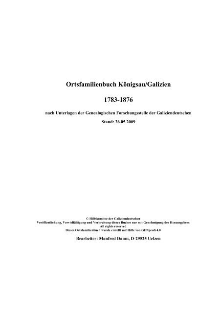 Ortsfamilienbuch Königsau/Galizien 1783-1876