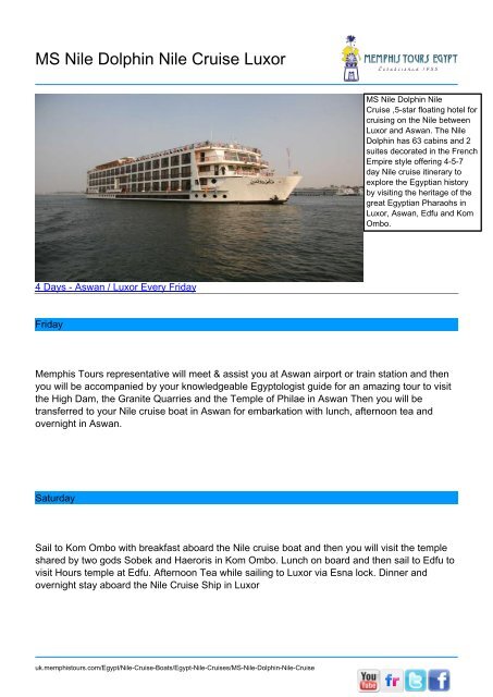 MS Nile Dolphin Nile Cruise Luxor  - Memphis Tours