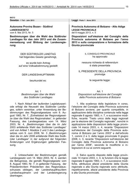 Landesgesetz vom 8. Mai 2013, Nr. 5 - SÃ¼dtiroler Landtag