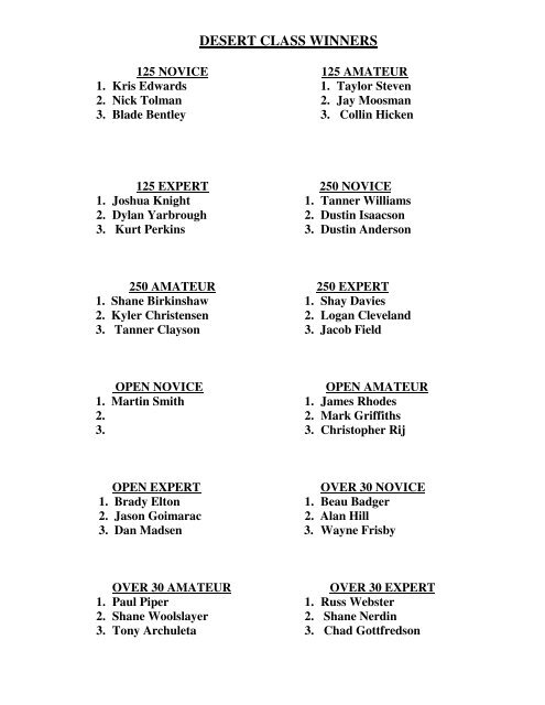 DESERT CLASS WINNERS - USRA Racing