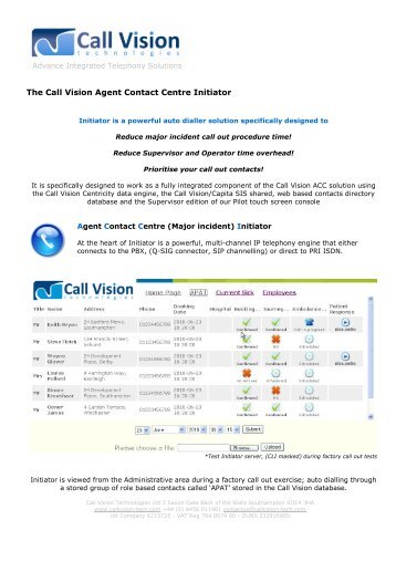 The Call Vision Agent Contact Centre Initiator