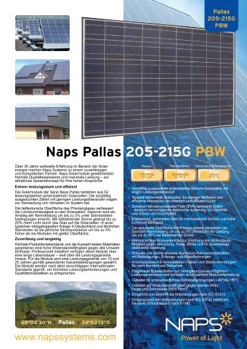 Spezifikationen: Naps Pallas 205-215G PBW - Reimann Solar GmbH