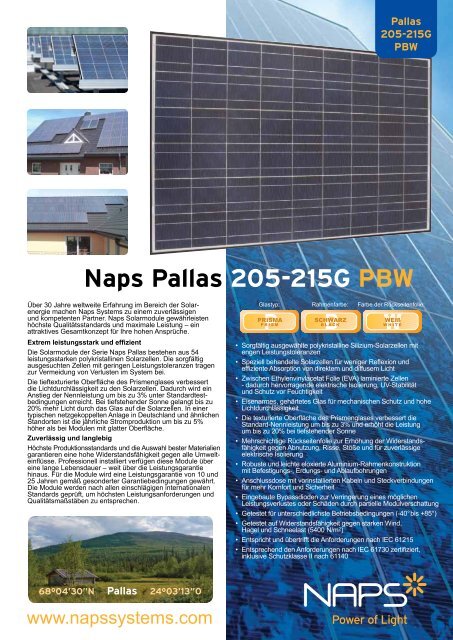 Spezifikationen: Naps Pallas 205-215G PBW - Reimann Solar GmbH