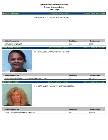 Lenoir County Detention Center Inmate Incarcerations Last 7 days