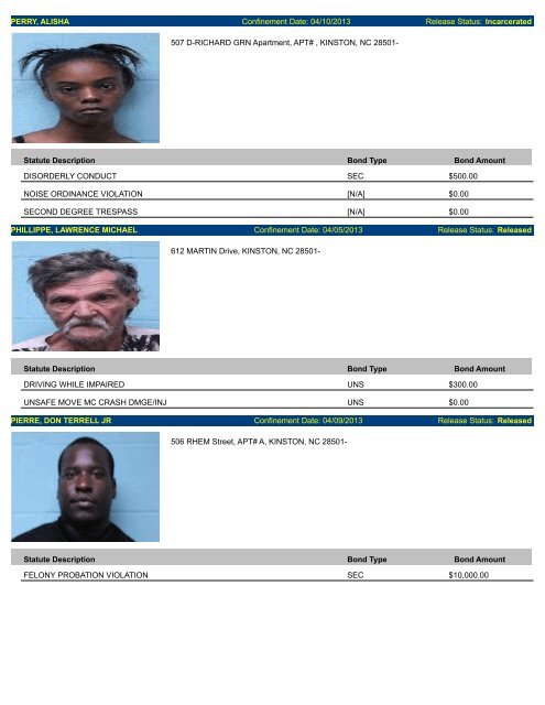 Lenoir County Detention Center Inmate Incarcerations Last 7 days