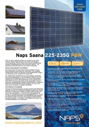Spezifikationen: Naps Saana 225-235G PBW - Reimann Solar GmbH