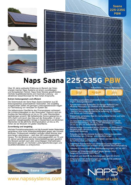 Spezifikationen: Naps Saana 225-235G PBW - Reimann Solar GmbH