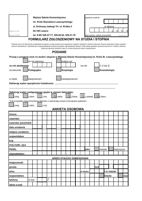 formularz zgłoszeniowy na studia i stopnia podanie ankieta osobowa