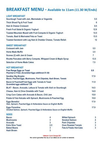 BREAKFAST MENU - Available to 11am(11.30 W/Ends)