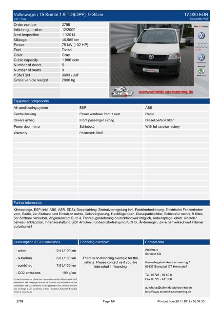 Volkswagen T5 Kombi 2.0 TDI 23.950 EUR - Autohaus Schmidt KG