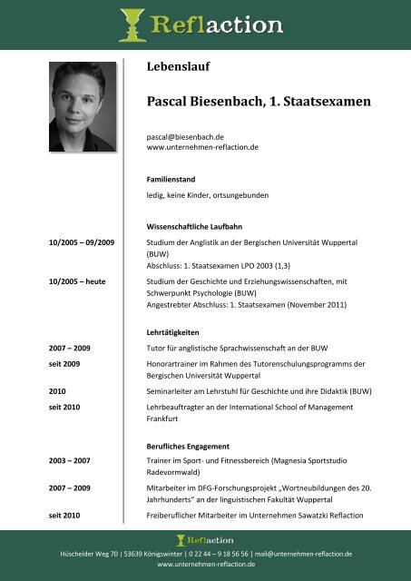 Pascal Biesenbach, 1. Staatsexamen - Unternehmen Reflaction
