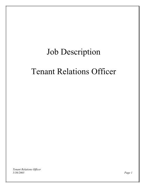 Job Description Tenant Relations Officer