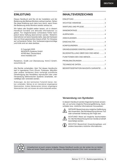 USER MANUAL LCDtMonitor Belinea 10 17 15 - ECT GmbH