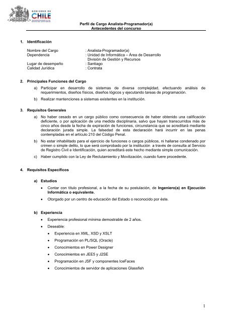 Perfil de Cargo Analista-Programador(a) Antecedentes del ... - Siss