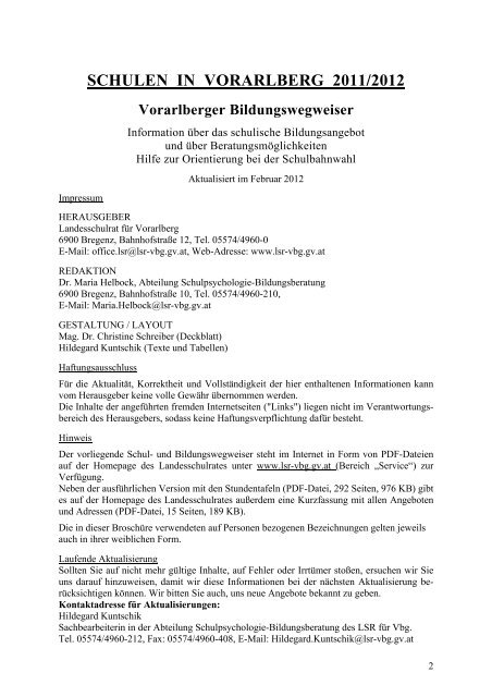 Handbuch Schulen in Vorarlberg 2011/12 - Landesschulrat für ...