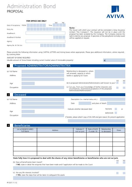 Administration bond proposal form (PDF 126KB) - Aviva