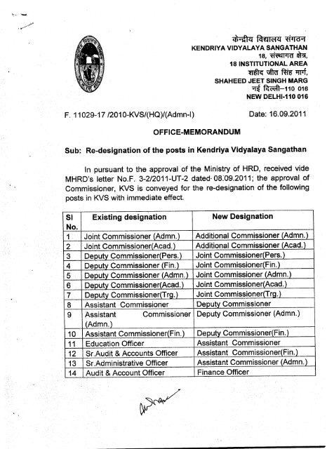 Re-designation of the posts in KVS - Kendriya Vidyalaya Sangathan