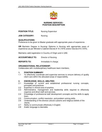 Position of Nursing Supervisor - Federal Department of Nursing