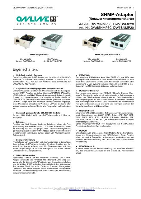 Datenblatt SNMP-Adapter - ONLINE USV-Systeme
