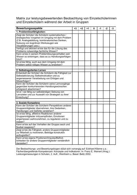 Gruppenarbeit - Bewertungsmatrix