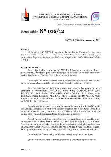 ResoluciÃ³n NÂº 016/12 - Facultad de Ciencias EconÃ³micas y JurÃ­dicas