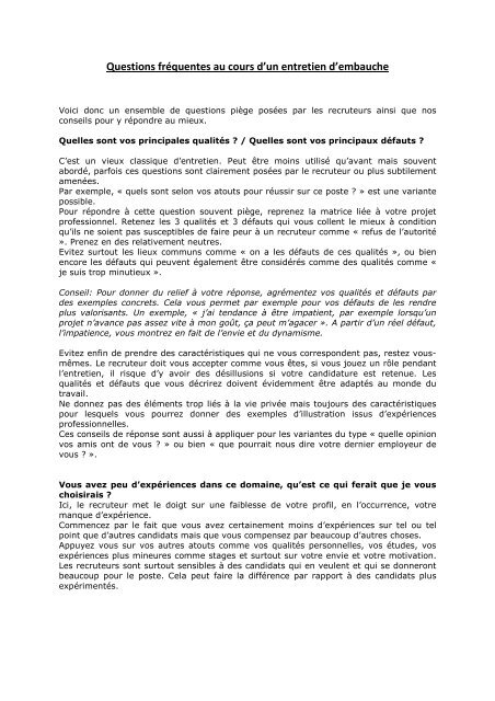 Questions frÃ©quentes dans un entretien d'embauche