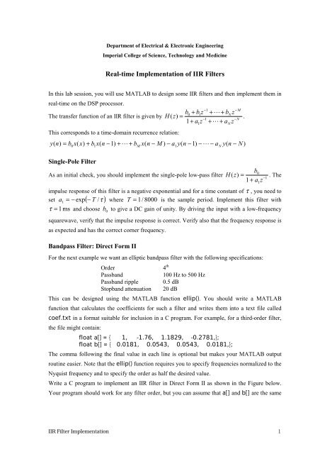 Real-time Implementation of IIR Filters - Electrical Engineering