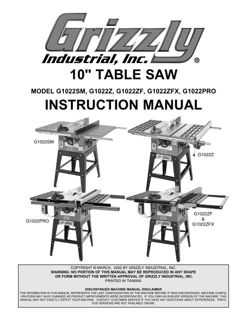 10 table saw - Grizzly Industrial Inc.