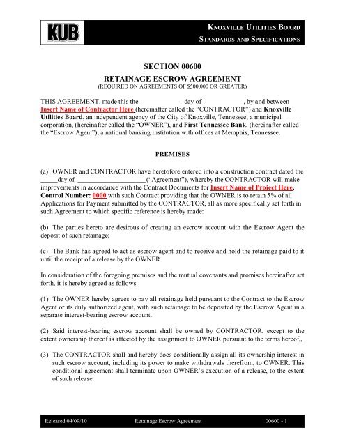 Retainage Escrow Agreement Knoxville Utilities Board