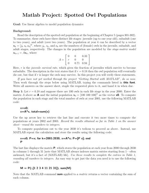 Matlab Project: Spotted Owl Populations