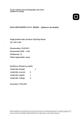 EKSAMENSOPPGAVE I BI2062 â SjÃ¸basert ... - Institutt for biologi