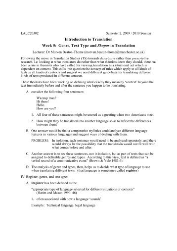 0910 Intro to Translation Genre Handout PDF - The Translation ...