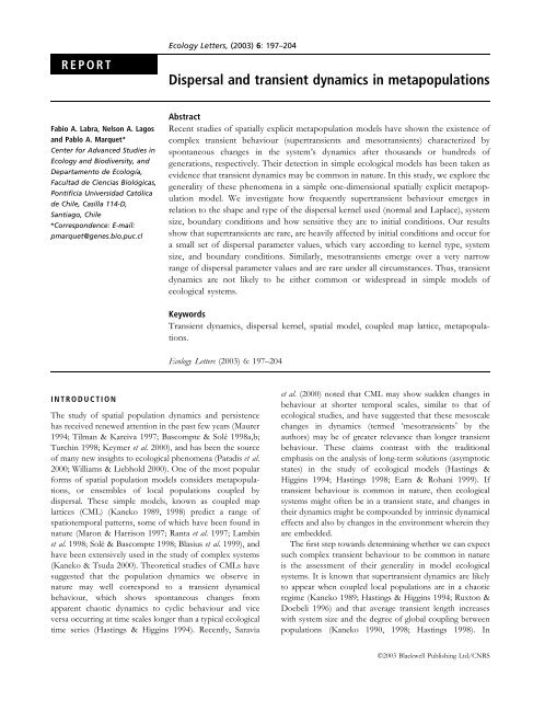 Dispersal and transient dynamics in metapopulations - IEB