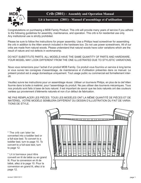 Crib (2801) - Assembly and Operation Manual Lit Ã  ... - DaVinci Baby