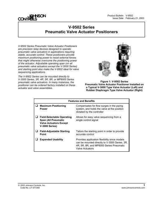 11//16 Through 3//4 Stroke Johnson Controls V-510-103 V-9502 Series Pneumatic Valve Actuator Positioner