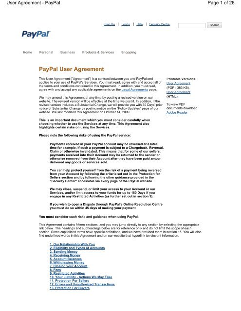 Paypal User Agreement