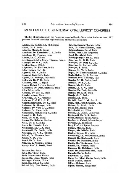 MEMBERS OF THE XII INTERNATIONAL LEPROSY CONGRESS